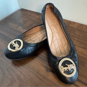 6.5 Coach Bailey Smooth Leather Slip On Black Leather Ballet Flats Gold Emblem